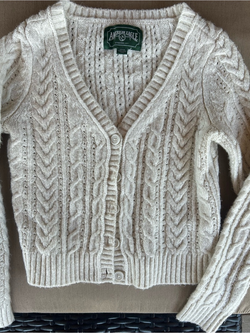 American Eagle Outfitters Cream Cable Knit V-Neck Button Cardigan